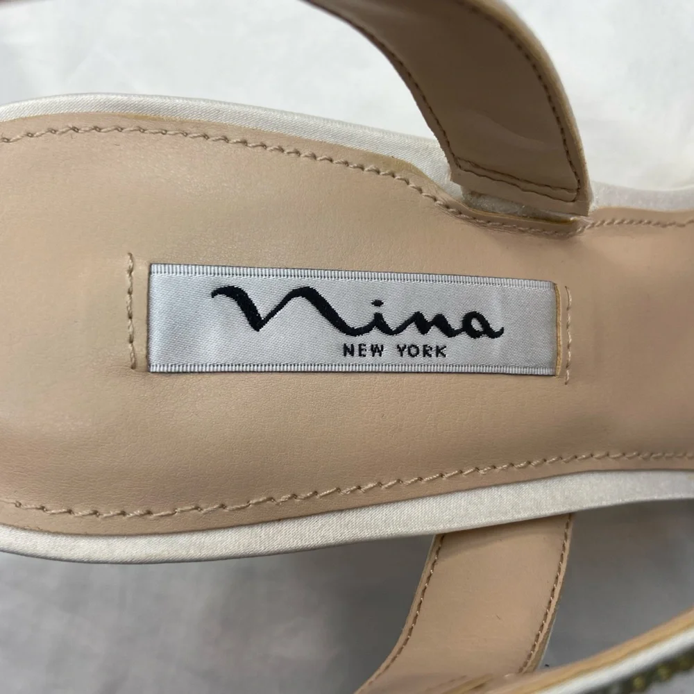 Nina New Rhinestone Satin Strappy Slingback Sandal Pumps Silver & White size 10‎
